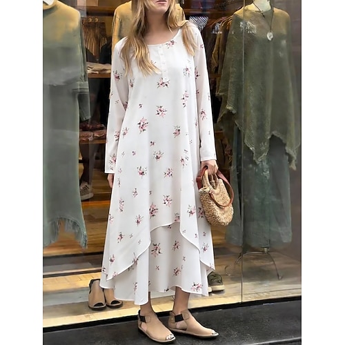 Damen Midikleid Shiftkleid A Linie Kleid Lässig Ferien Lässiger Schnitt Blumen Grafik Langarm Rundhalsausschnitt Weiß Gelb Braun Grün Sommer Frühling Herbst Winter Image
