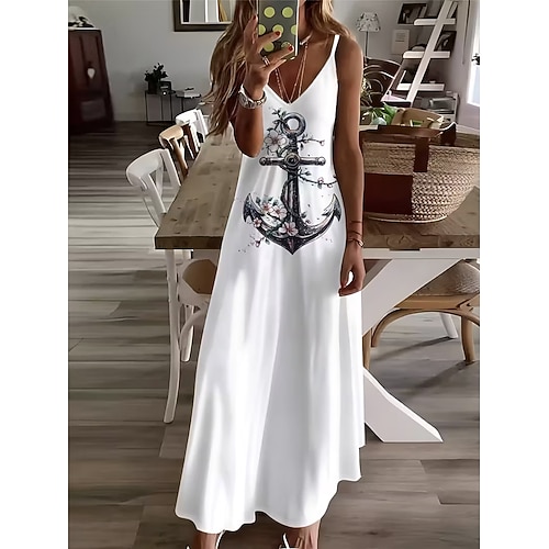Damen Maxikleid Sommerkleid A Linie Kleid Unterkleid Urlaub Lässig Strand Ausgehen Normale Passform Blumen Grafik Ärmellos V Ausschnitt Weiß Sommer Frühling Image