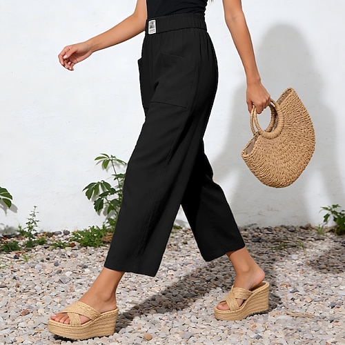 Damen Leinenhosen Hose Sommerhose Strandhose Urlaub Klassisch Alltagstauglich Knöchellang Mittlere Taille Einfach Tasche Baggy Komfort Weich Atmungsaktiv Unelastisch Streetwear Strand Ferien Aprikose Image