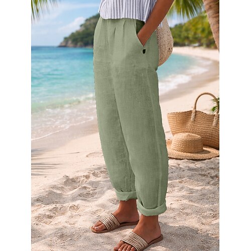 Damen Hose aus Baumwollleinen Chinos Sommerhose Urlaub Streetwear Basic Volle Länge Mittlere Taillenlinie Einfach Tasche Bequem Leicht Atmungsaktiv Unelastisch Täglich Outdoor Urlaub Blau Weiß Grün Image
