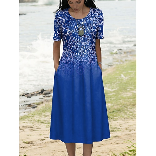 Damen Midikleid T-Shirt-Kleid A Linie Kleid Sommerkleid Urlaub Lässig Täglich Normale Passform Ombre Grafik Stammes Kurzarm Rundhalsausschnitt Blau Rote Purpur Grün Sommer Frühling Image
