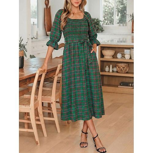 Damen Midikleid Kariertes Kleid Elegant Mode Modern Täglich Outdoor Urlaub Normale Passform Blumen Ärmellos Quadrathals Rote Grün Frühling Herbst Image