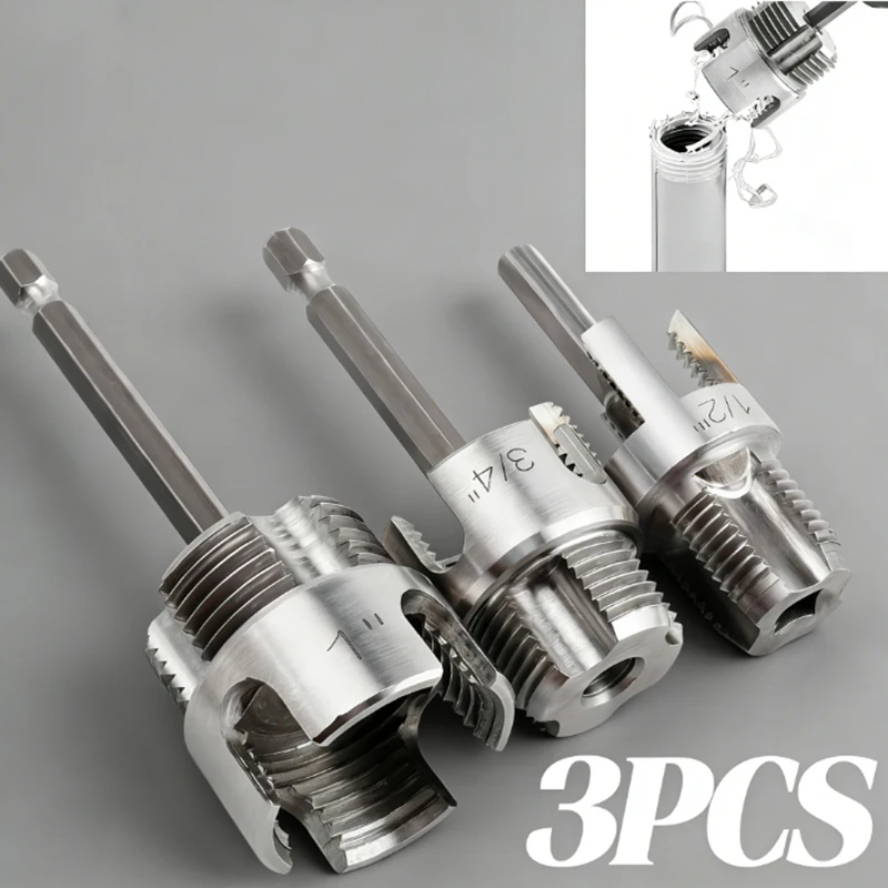 Strumento per filettatura interna ed esterna da 3 pezzi, taglierina per tubi a doppia funzione, adatto per tubi in PVC/plastica da 1/2", 3/4", e 1"