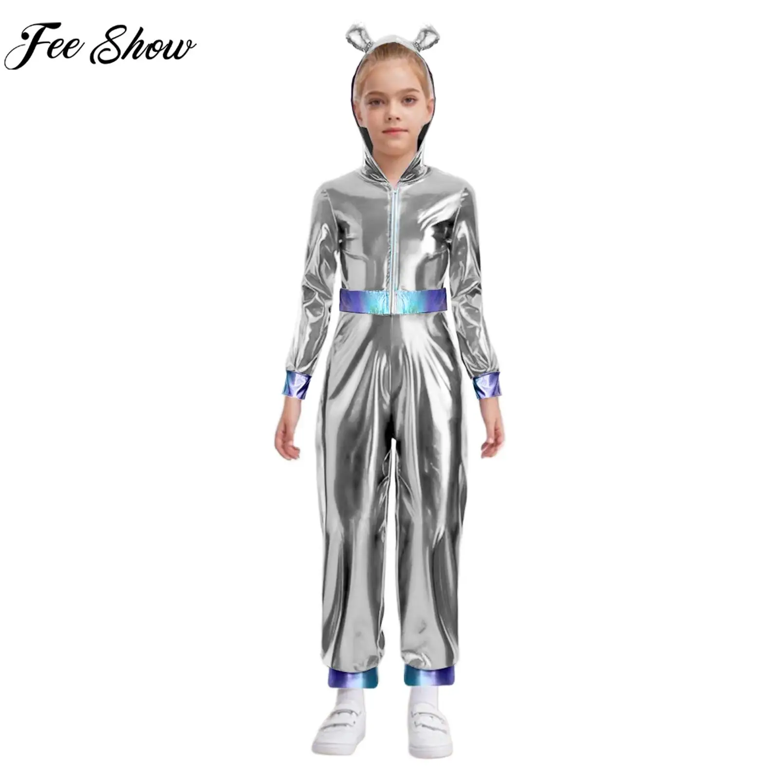 Kinder Alien Roboter Astronaut Cosplay Kostüm Metallisch glänzend Langarm Reißverschluss Kapuzenoverall für Halloween Space Theme Party Image