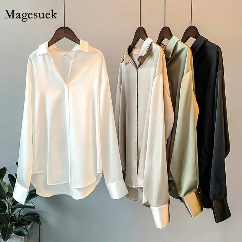 Camicia di seta in raso con bottoni moda primaverile Camicetta vintage da donna Top bianchi da donna maniche lunghe camicie da strada larghe femminili 11355