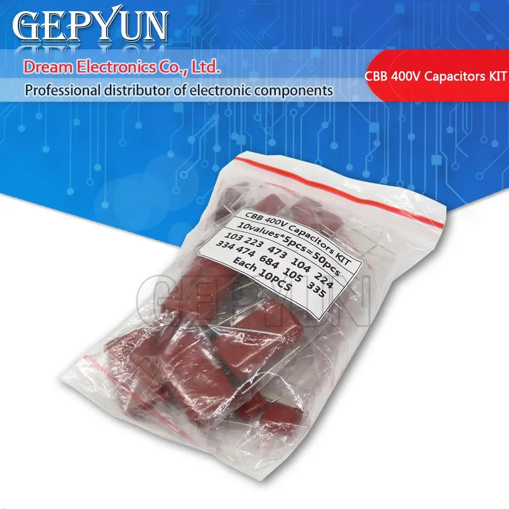 KIT 50 Stück = 10 Werte * 5 Stück metallisierte Polyesterfolienkondensatoren CBB-Sortimentskit 400 V 10 nF ~ 3,3 UF Image