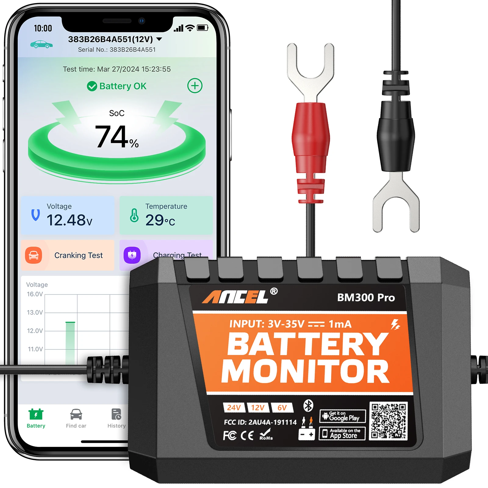 ANCEL BM300 Pro Batterietester 6V 12V 24V Batteriemonitor - Bluetooth für Auto SOH SOC Batteriegesundheitsanalysator PK BM200 PRO Image