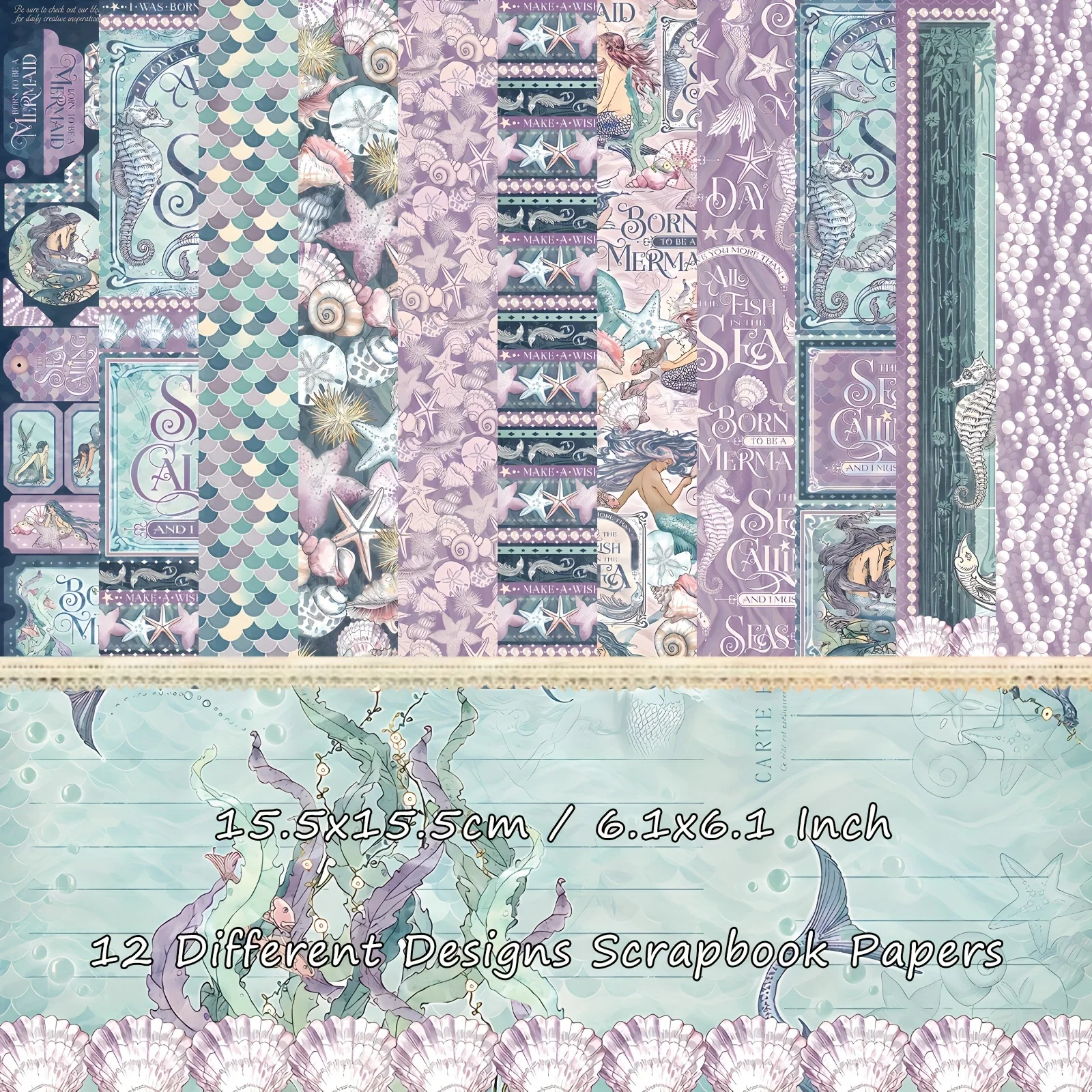 12 Blatt Mystery Mermaid Theme Scrapbook-Papier für Junk Journal, Kartenherstellung, DIY, Kunsthandwerk, Collagen, Scrapbooking-Zubehör Image