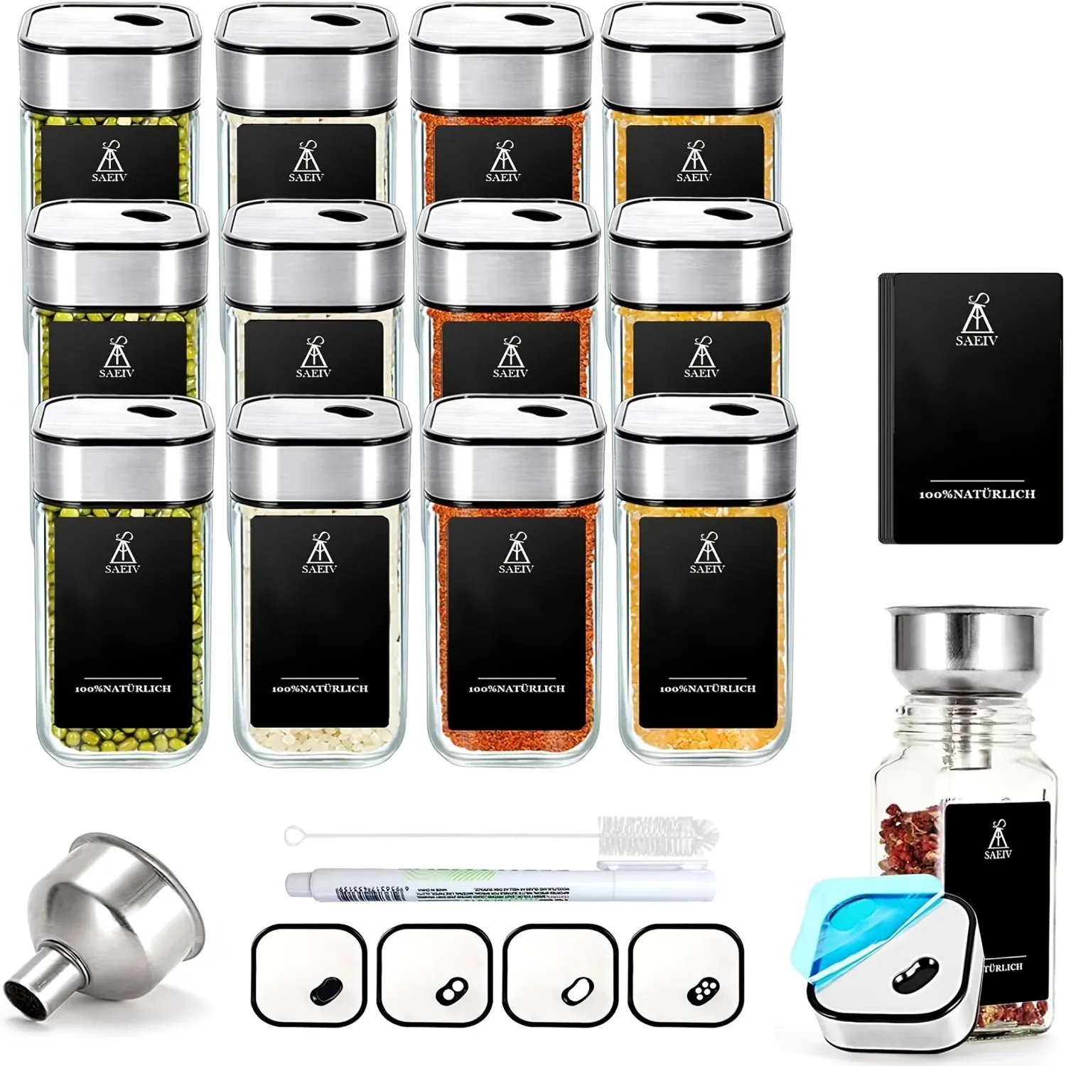 12/24/35 pcs Gewürzgläser Eckig Set, 360° Rotation Gewürzetiketten, 120ml Gewürzbehälter, Gewürzdosen Mit Gewürzetiketten, Perfekte Image