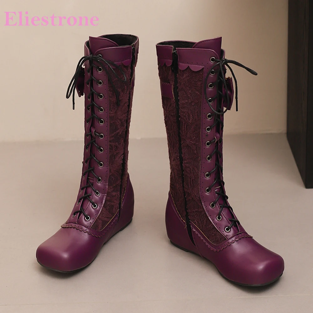 2025 Winter Neue Süße Lila Grün Frauen Mittlere Waden Reitstiefel Spitze Keile Ferse Dame Kleid Schuhe Plus Große Größe 13 43 48 50