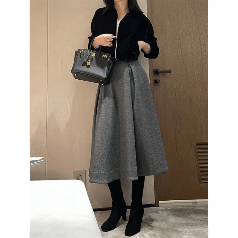 High-End-Wollrock für Damen im Herbst und Winter2024Neuer hoher Taillen-Regenschirmrock Kleiner plissierter Hüftrock Image