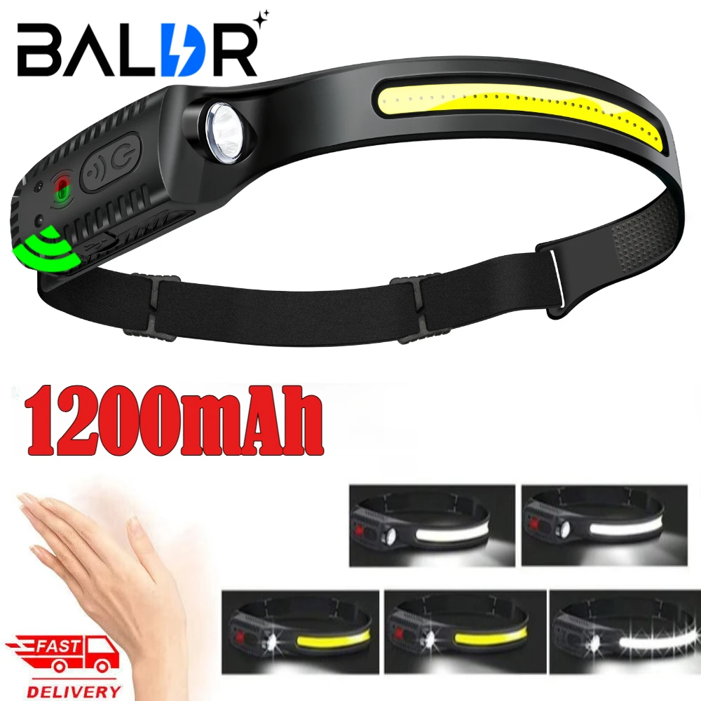 BALDR Lampada frontale a LED Lampada frontale a induzione Batteria incorporata Torcia frontale ricaricabile Lampada da campeggio esterna con sensore da pesca