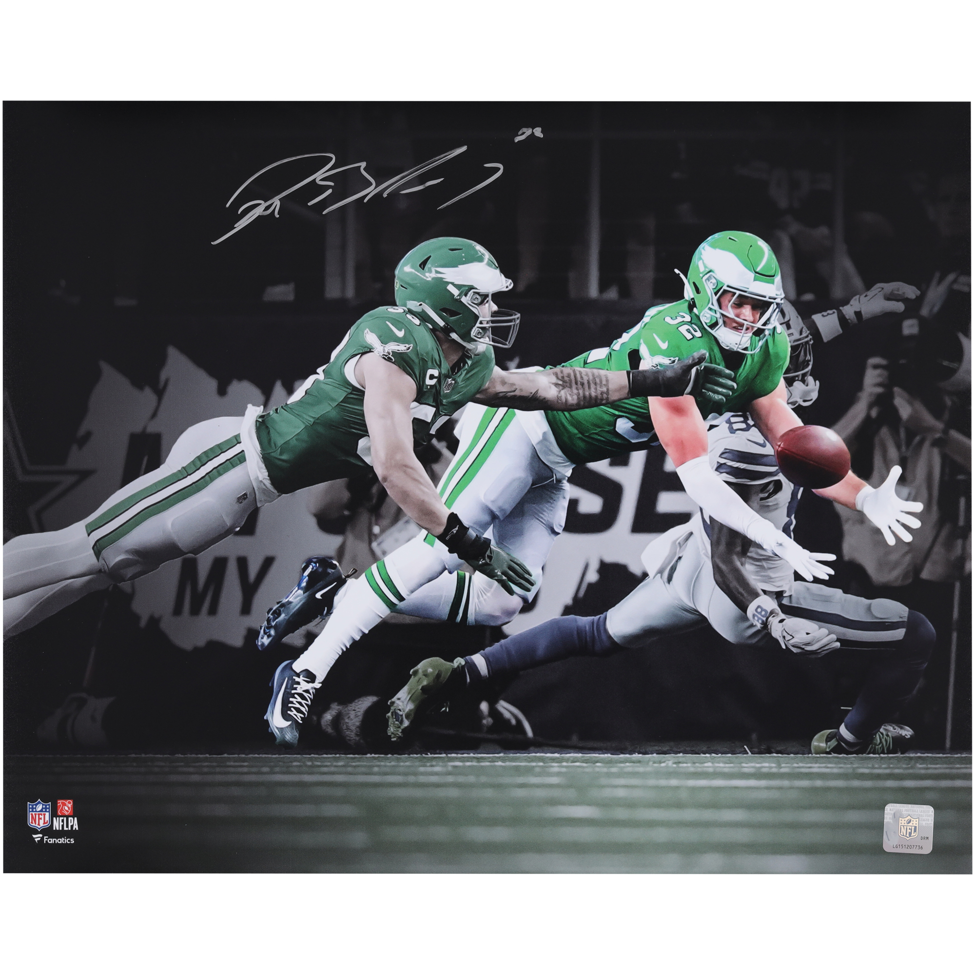 Reed Blankenship, Philadelphia Eagles, signiertes 16" x 20" Foto einer abgefangenen Interception im Retro-Trikot Image
