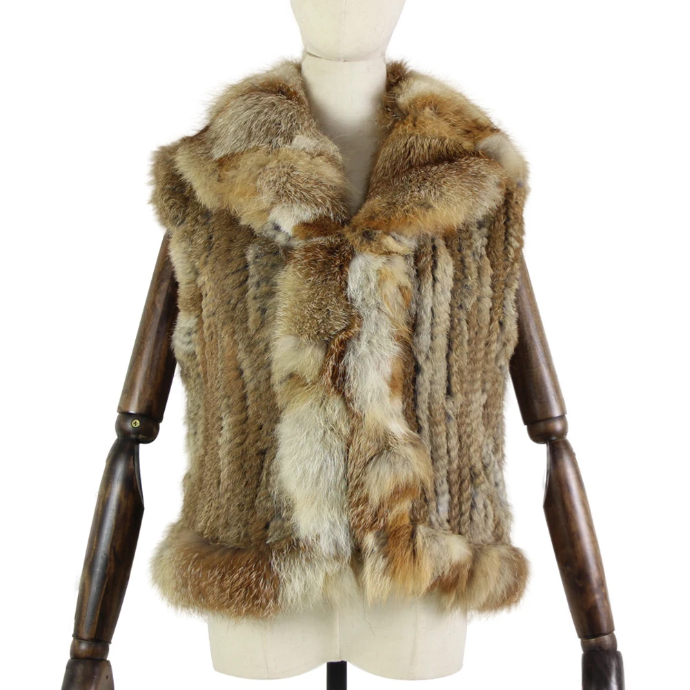 Harppihop* neue winter herbst gute Qualität fuchs kragen pelz kaninchen pelz gestrickte pelz weste kaninchen pelzmantel 30% rabatt Image
