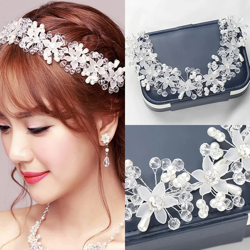 Glas Kristall Weiße Blume Perlen Stirnbänder Hochzeit Zubehör Haarbänder für Braut Tiara Braut Haarschmuck Mode Image
