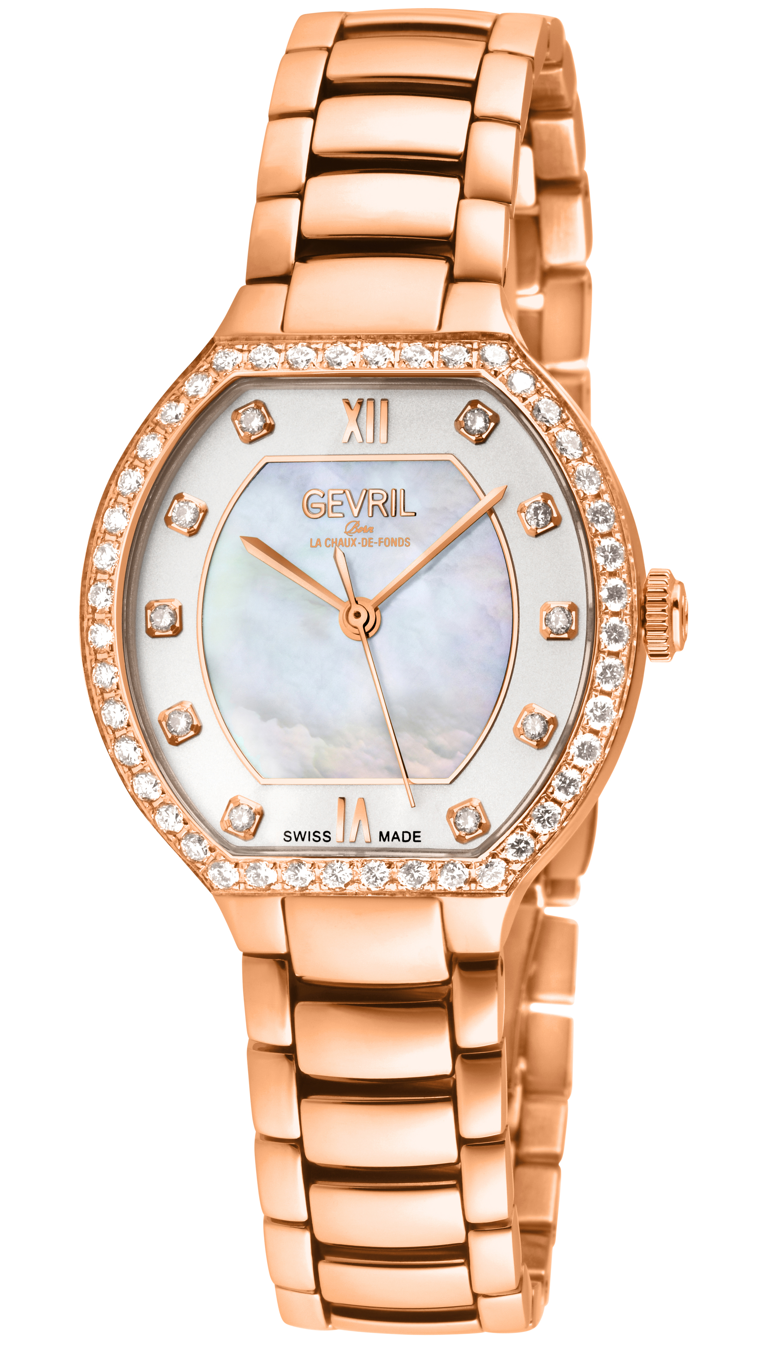 Gevril Womens Lugano Swiss Diamond Watch, White MOP Dial, 316L Stainless Steel Bracelet - Rose Gold - One Size