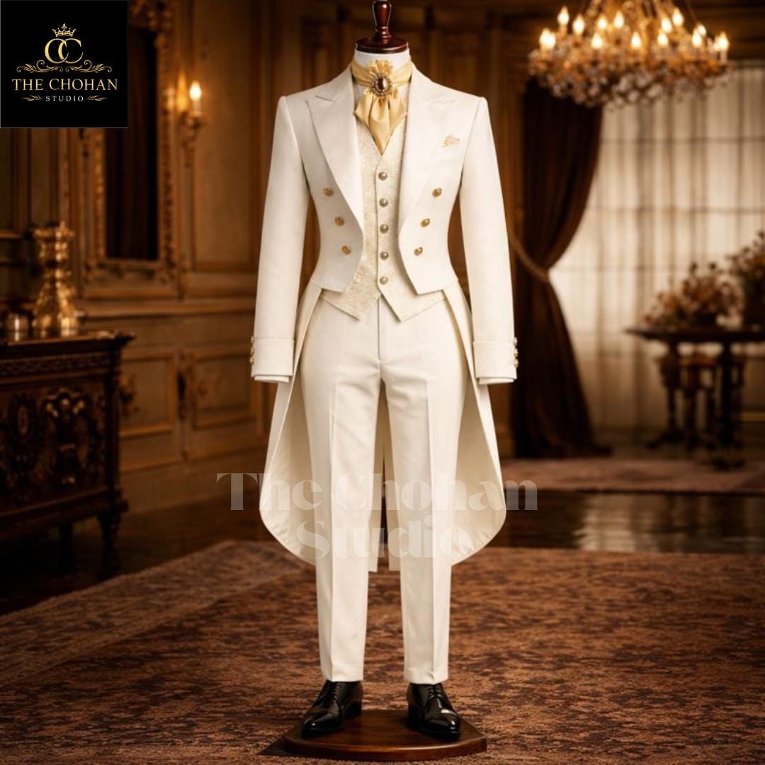 Abito da uomo in stile Regency color avorio / Abito da sera bianco vittoriano / Abito da sposa aristocratico / Fatto a mano su misura