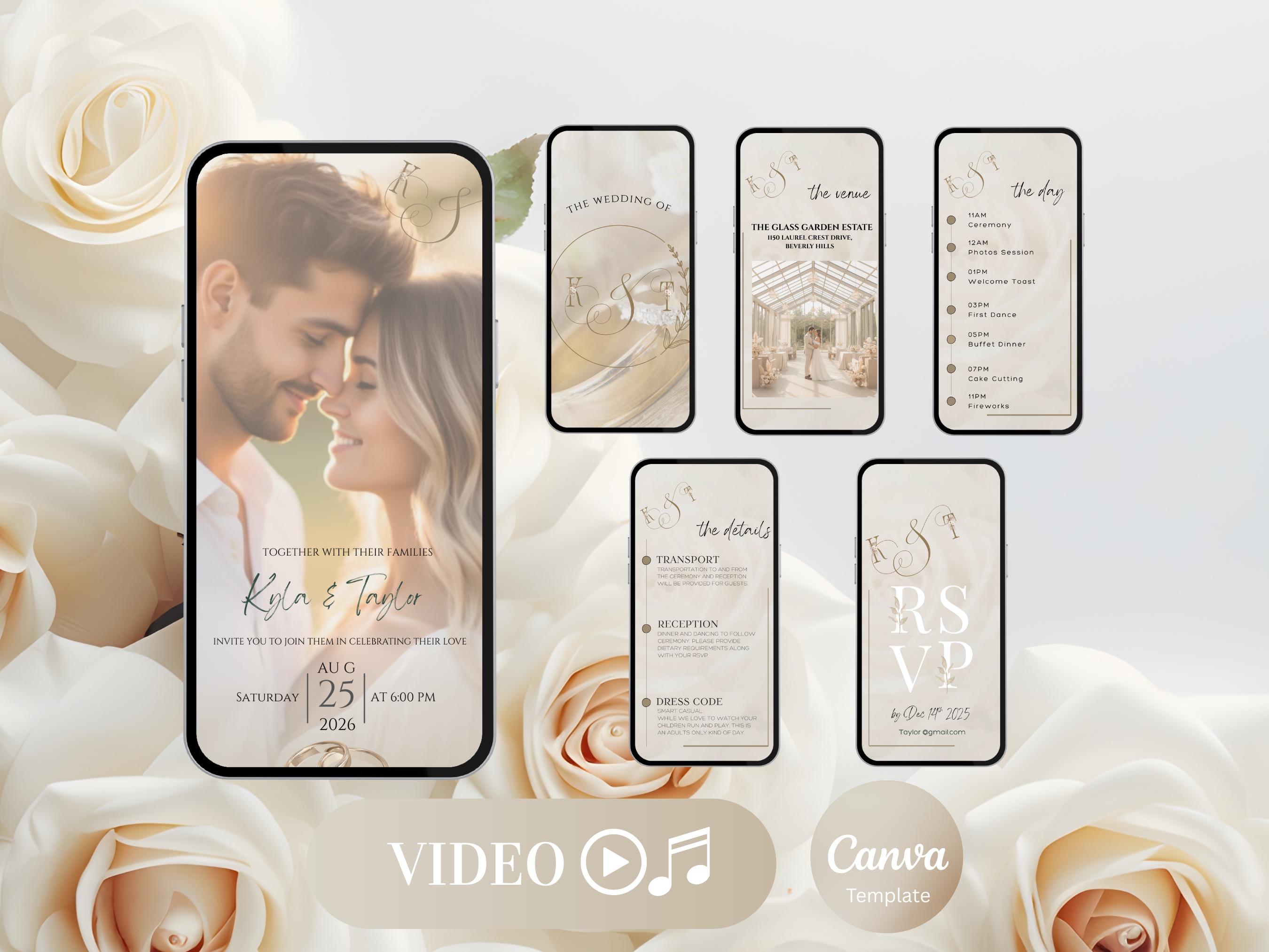 Modello di invito di nozze digitale, video, invito di nozze animato, testo di invito di nozze o WhatsApp, RSVP, biglietto video di nozze