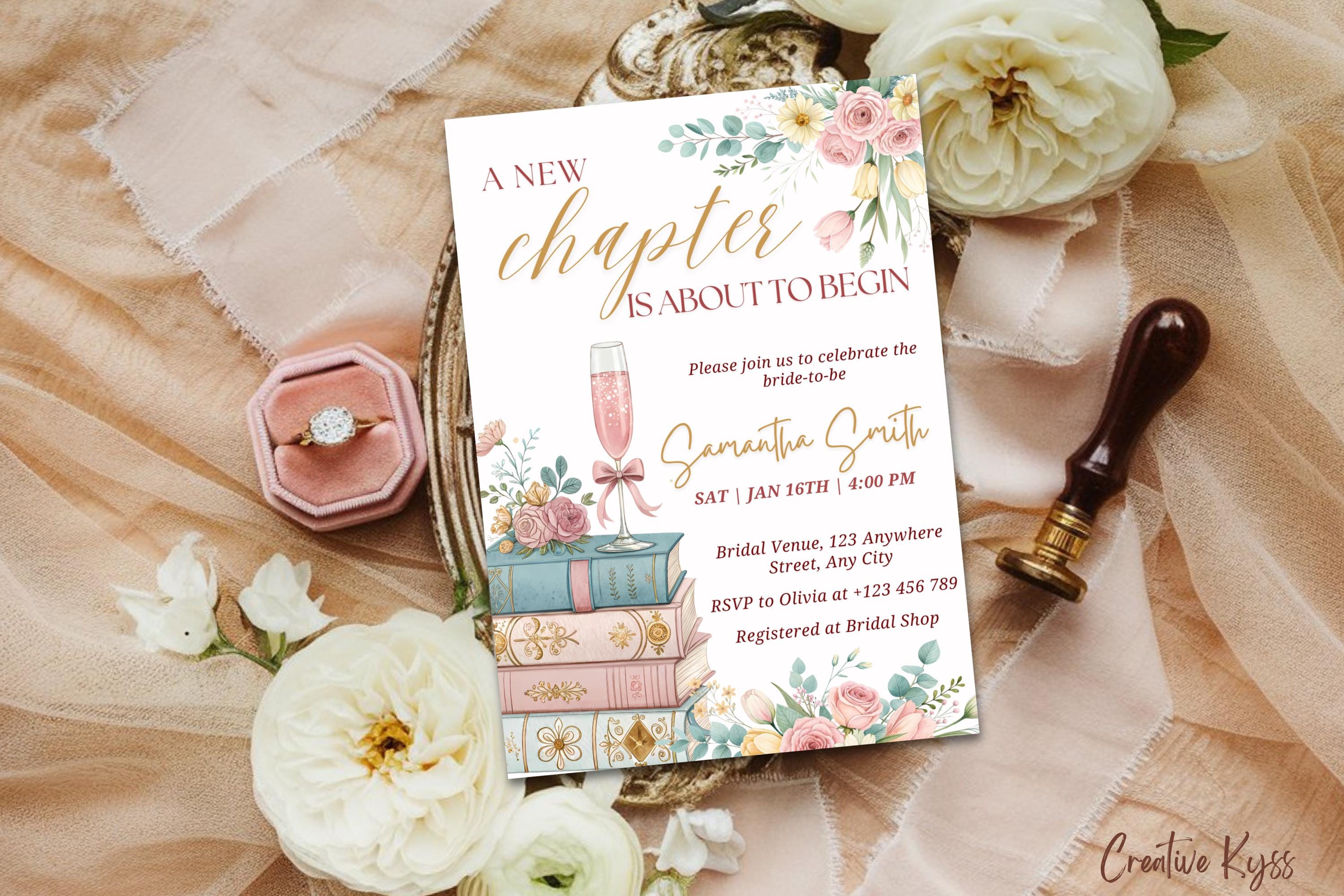 "Modello di invito per addio al nubilato \"A New Chapter\", invito per addio al nubilato \"Next Chapter\", invito per addio al nubilato primaverile, addio"