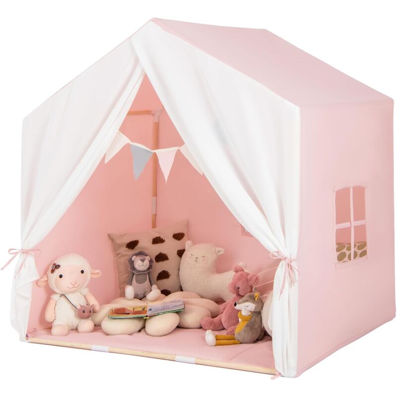Costway - Tenda Da Gioco Per Bambini, Tenda Per Bambini Con Finestre Tappetino Lavabile In Cotone E Bandiera, Castello Da Gioco Per Bambini 3 Anni + (rosa)