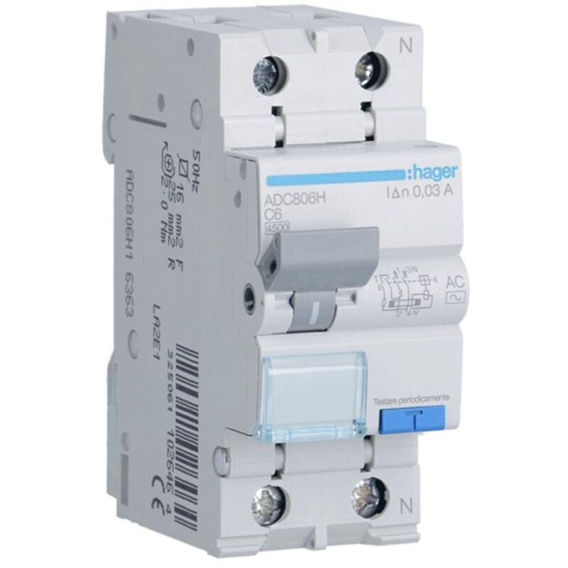 Magnetotermico Differenziale Hager 1p+n 6a 4.5ka 30ma Curva C Tipo Ac 2m Adc806h