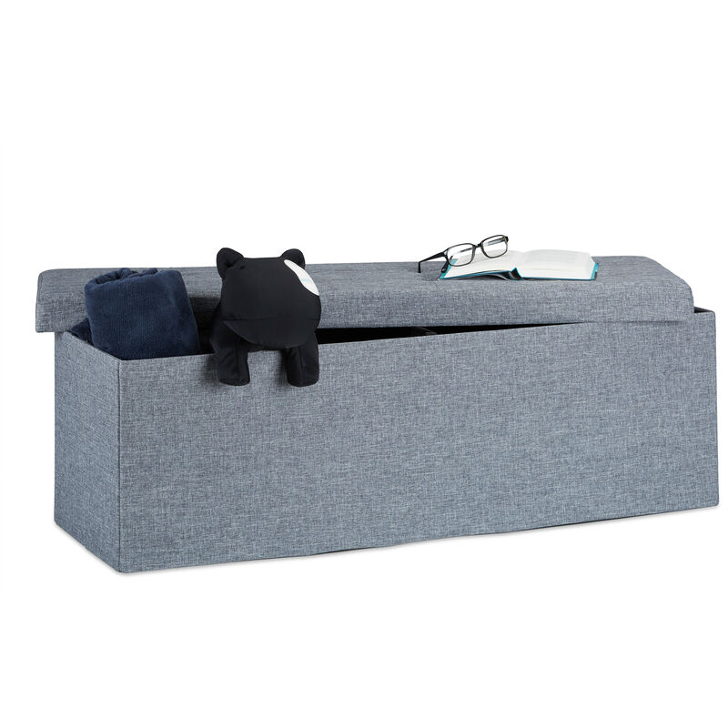 Pouf Pieghevole Con Contenitore Xxl, Panca Divanetto Portaoggetti, Lino, Hxlxp 38 X 114 X 38 Cm, Grigio Scuro - Relaxdays
