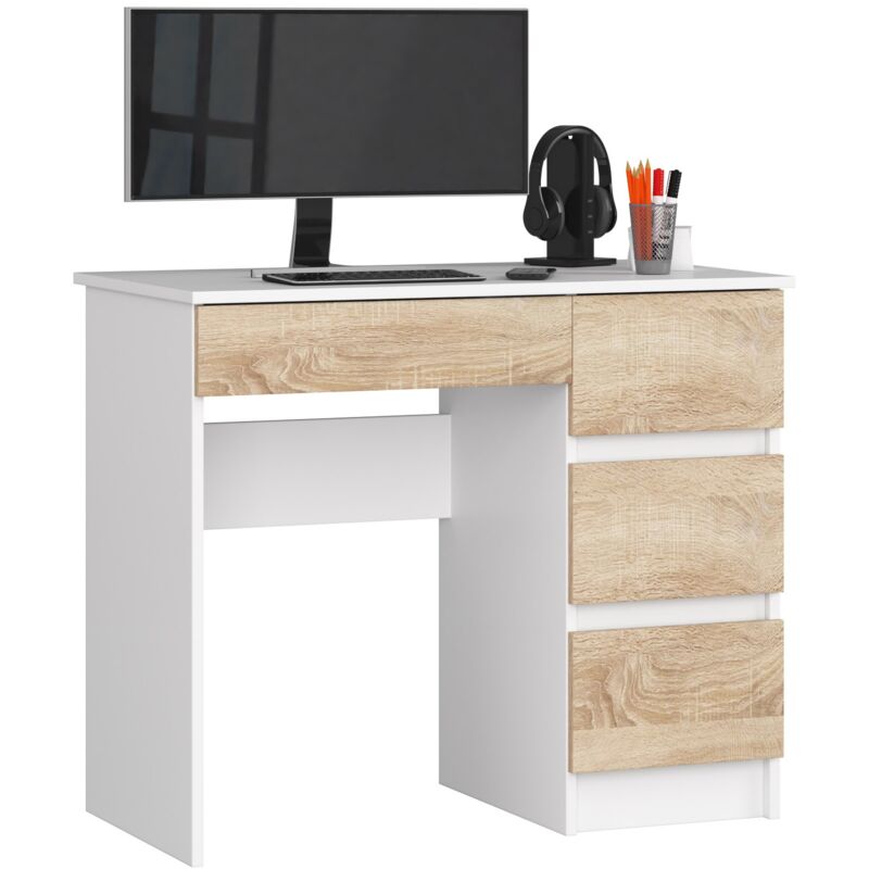Scrivania Per Computer Akord A7 Bianco 90 Cm 4 Cassetti Inserto Frontale Sonoma Quercia 90x50x77 Cm Modello A Destra