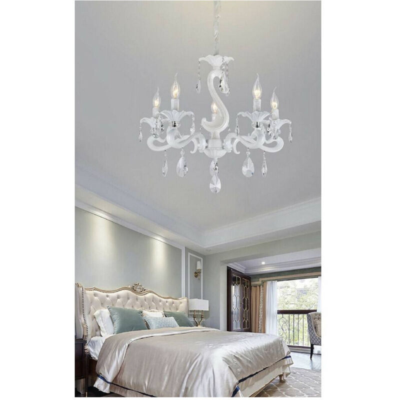 Lampadario Classico Attacco E14 5 Bracci Con Pendenti In Acrilico Lampada A15-5 - Bianco - Trade Shop Traesio