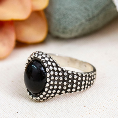 Midnight Textures,'Men's Black Onyx Taxco Silver Textured Signet Ring'