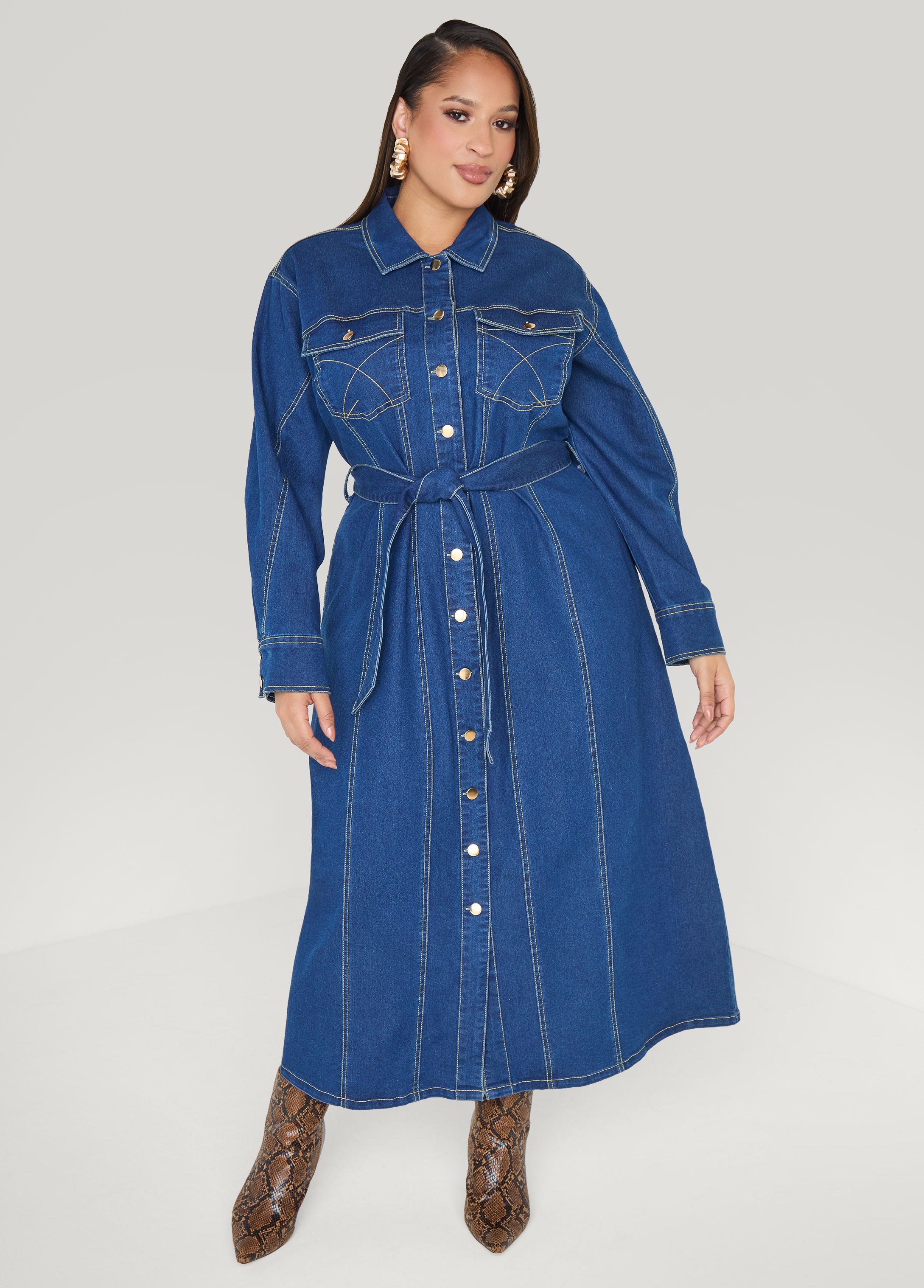 white christmas dresses Rainer Denim Midi Dress | Mid Wash Blue