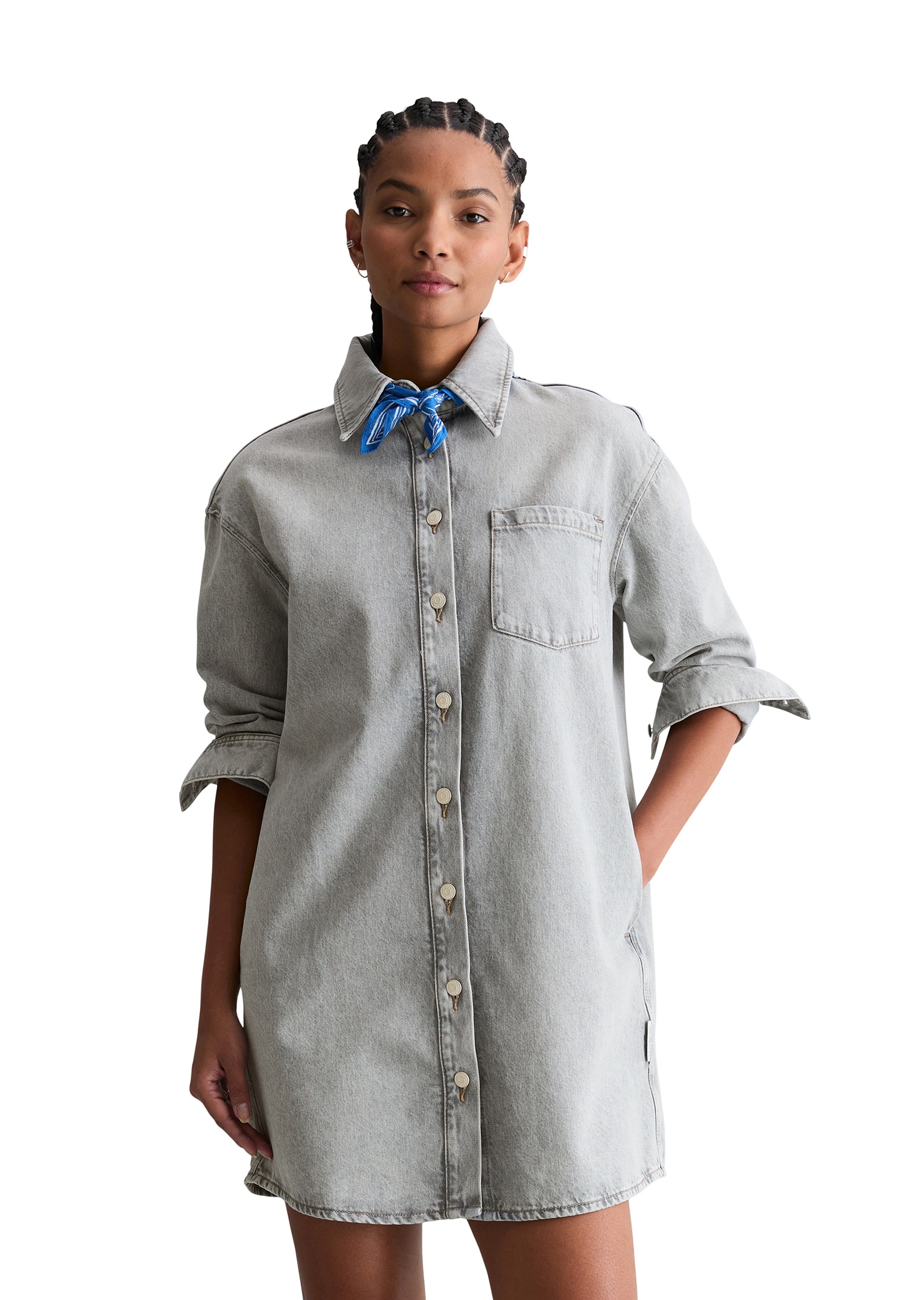 Jeanskleid MARC O'POLO DENIM "aus Rigid Denim", Damen, Gr. L, Normalgrößen, light grau, Obermaterial: 100% Baumwolle, unifarben, oversize knielang, Manschette, Kleider