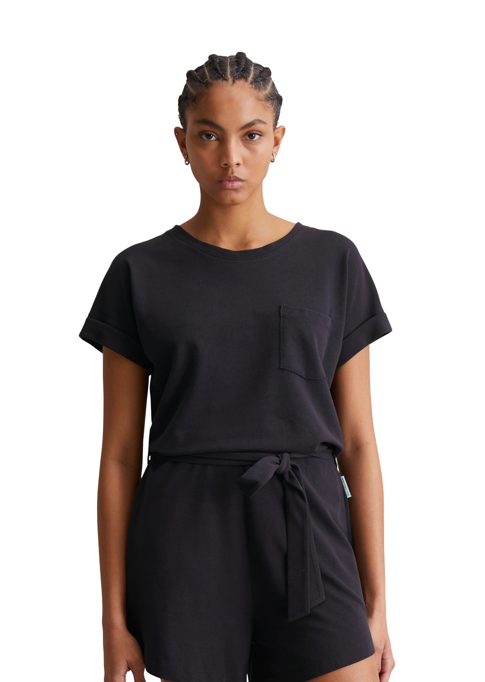 Overall MARC O'POLO DENIM "aus Piqué-Jersey", Damen, Gr. XS, Normalgrößen, blau depths, Obermaterial: 95% Baumwolle, 5% Elasthan, unifarben, relaxed fit kurz, Rundhals, Umschlagbund, Overalls Overall