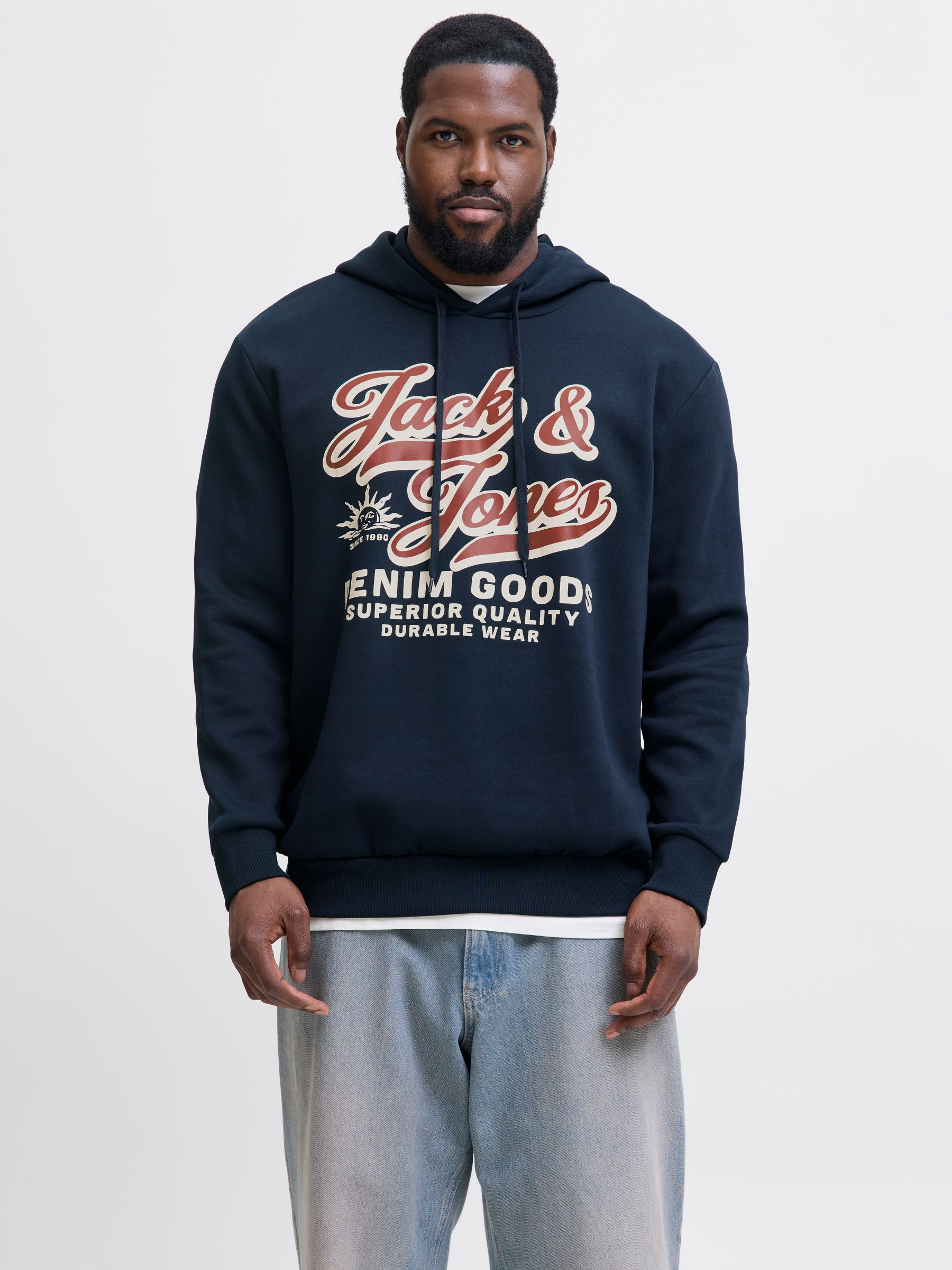 Hoodie "JJELOGO SWEAT HOOD 2 COL 24/25 NOOS PLS", Herren, Gr. 4XL, sky captain, angeraute Sweatware, Obermaterial: 70% Baumwolle, 30% Polyester, JACK & JONES PLUSSIZE, regular fit normal, ohne Ausschnitt, Rippbündchen, Sweatshirts Hoodie, mit Logo...