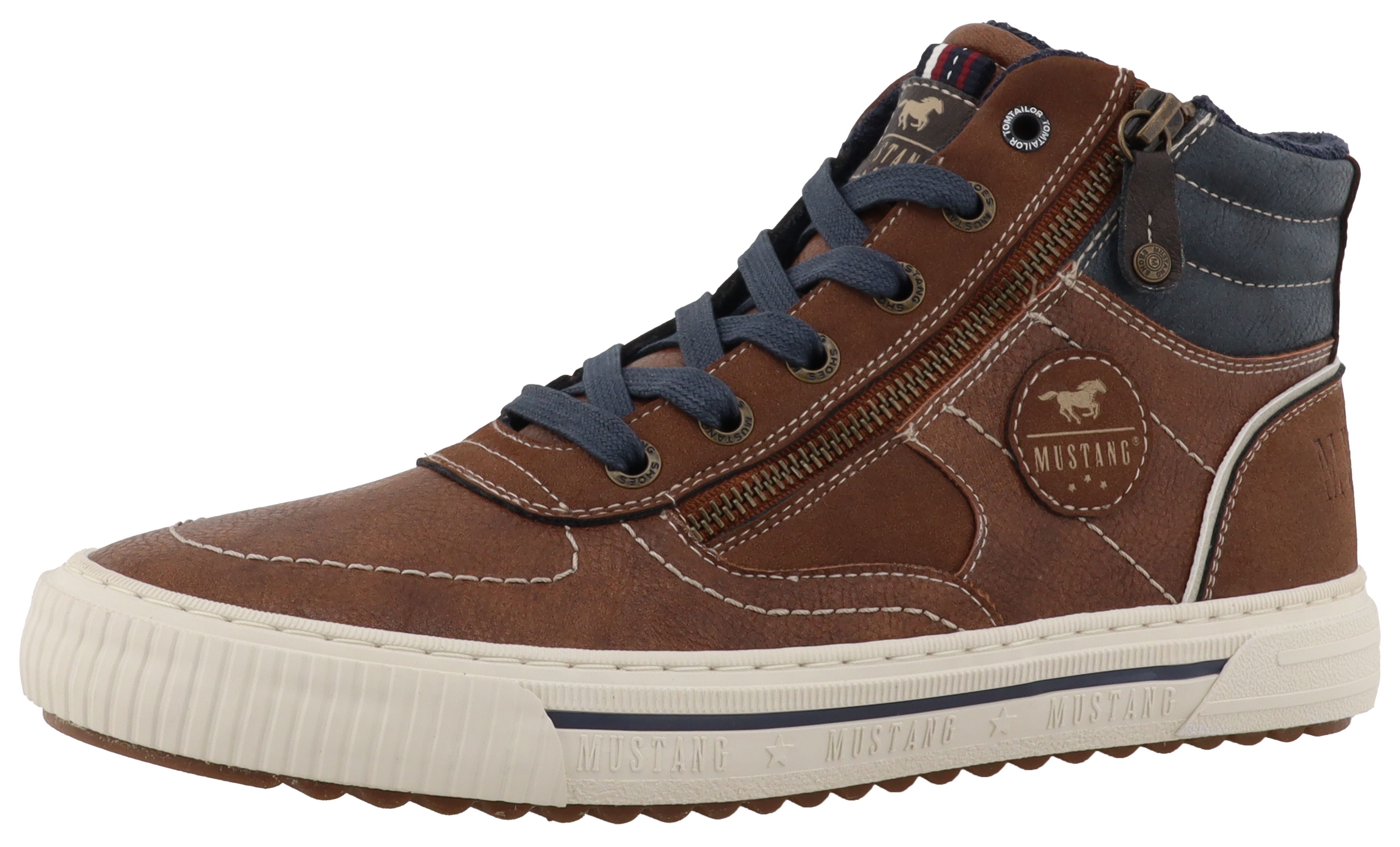 Sneaker MUSTANG SHOES "Masha", Damen, Gr. 43, braun, Lederimitat, Basic, Schuhe Sneaker, High Top Sneaker, Schnürboots mit Reißverschluss