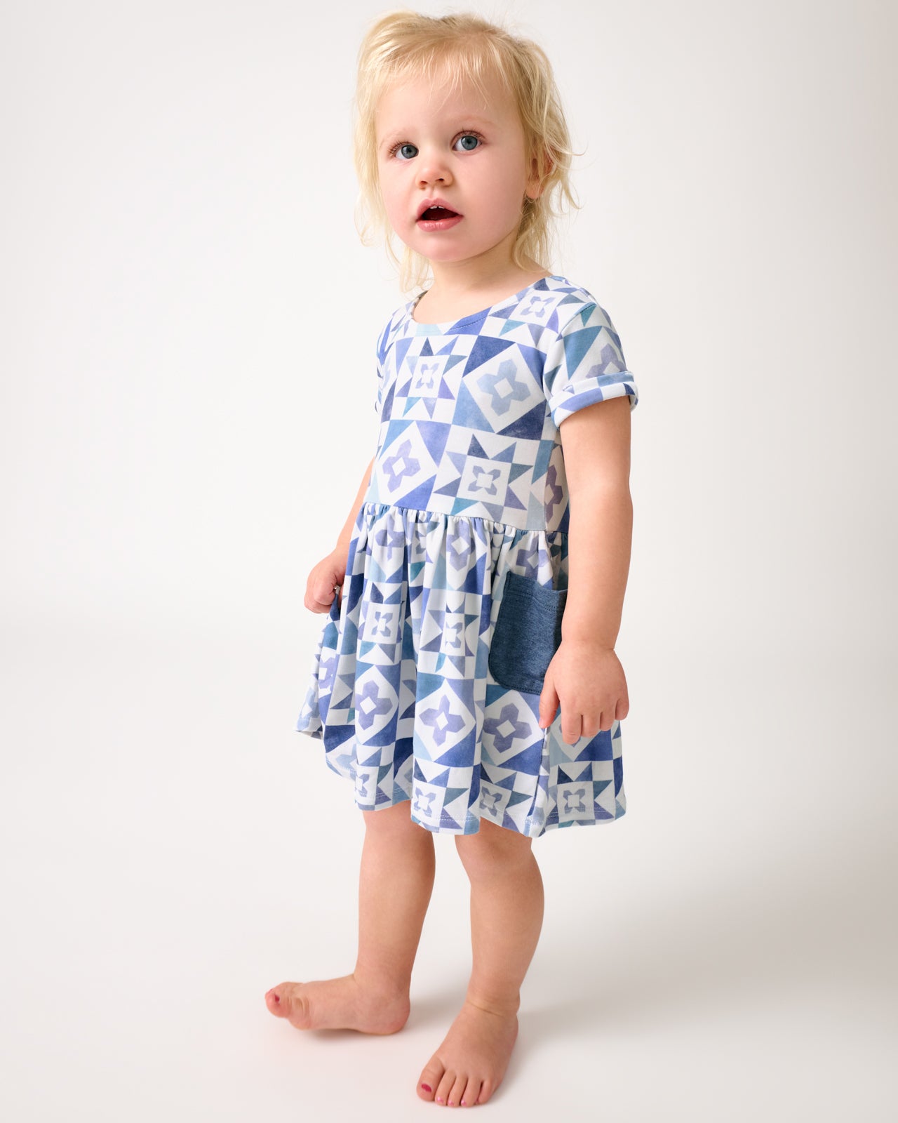 Patchwork Indigo Patch Pocket Dress with Bloomer - 6-12 months