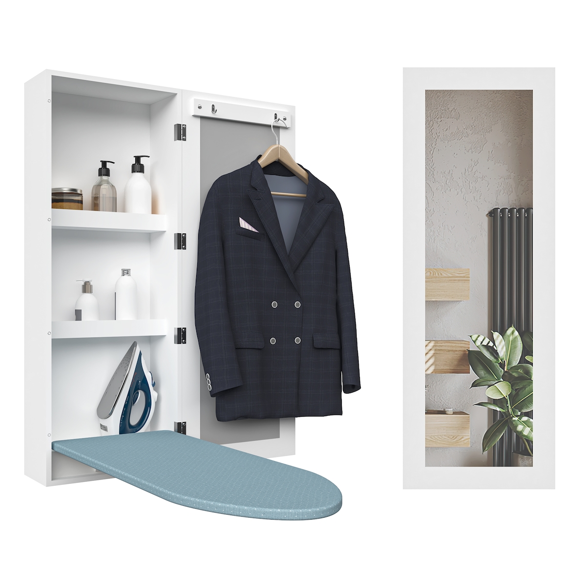 MODFU Wandmontierter Bügelschrank mit Spiegel Weiß 94x34x18 cm klappbares Bügelbrett mit Ablagen und Haken MDF platzsparend Image