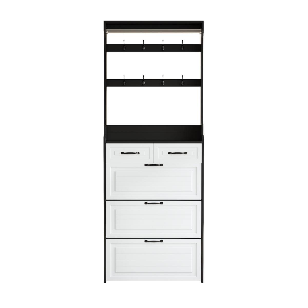 MODFU Schuhschrank 220x80x24 cm mit 3 Klappen, 2 Schubladen und Haken, Stauraum für Flur und Diele, Schwarz+Weiß, Spanplatte Image