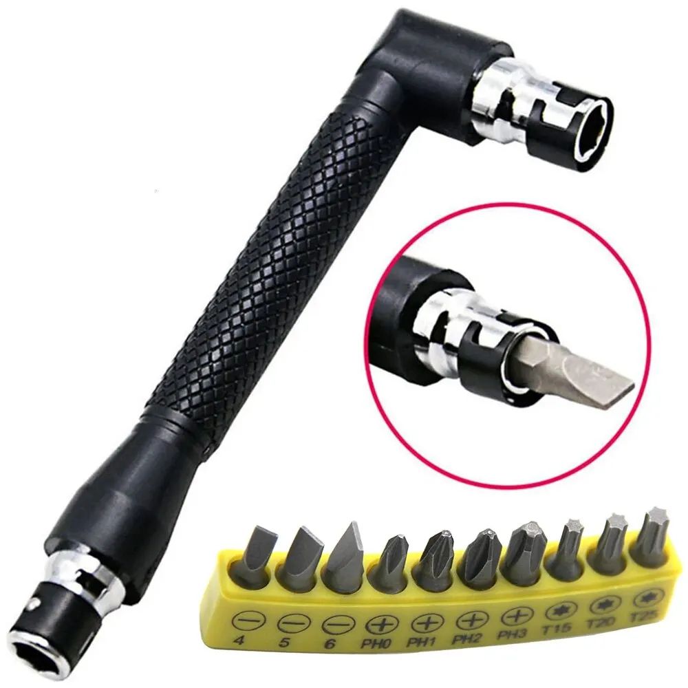 90 L Shaped 1 4 Inches Hex Screwdriver Bit Set | Double Head Handle 6.35mm Right Angle Wrench + 10pcs Bits & Tape screw Driver Set 11 Pcs