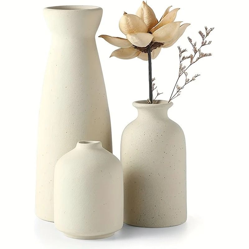 Set Of 3 Ceramic Flower Vases For Rustic And Modern Farmhouse Decor white