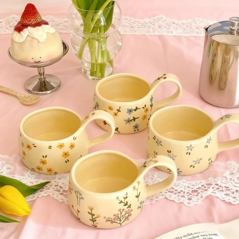 Cream Flower Ceramic Mug c 10.1 Oz.