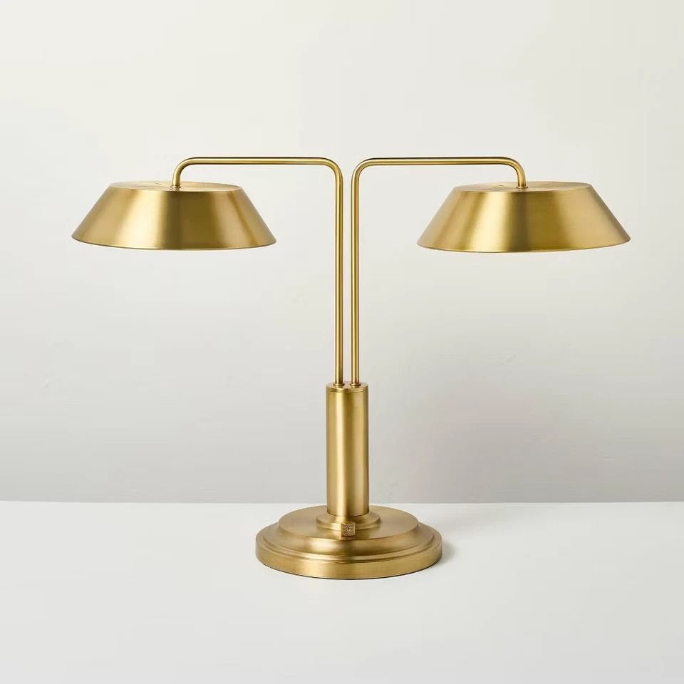 Brass Double Shaded Table Lamp, Hearth & Hand With Magnolia, Modern Table Lighting With Way Light Control Brass Double Shaded Table Lamp, Hearth & Hand With Magnolia, Modern Table Lighting With Way Light Control