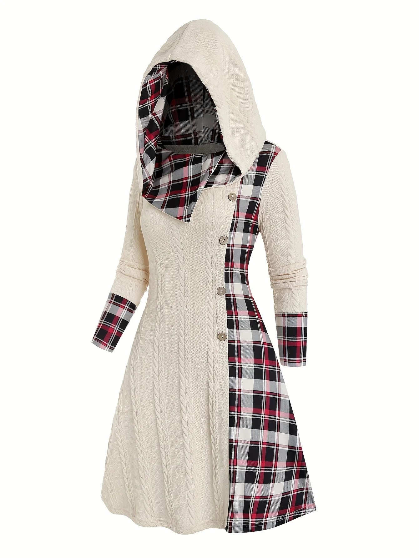 Plaid Print Knitted Hooded Dress, Fake Buckle High Waist, Long Sleeve A line Dress grey xxl