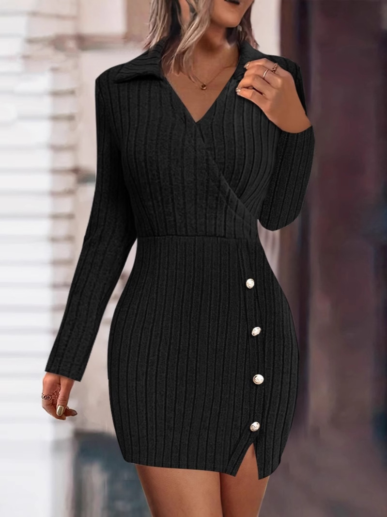 Solid Color V neck Fitted Bodycon Long Sleeve Dress For Women, New Autumn And Winter Style From Europe And America black m