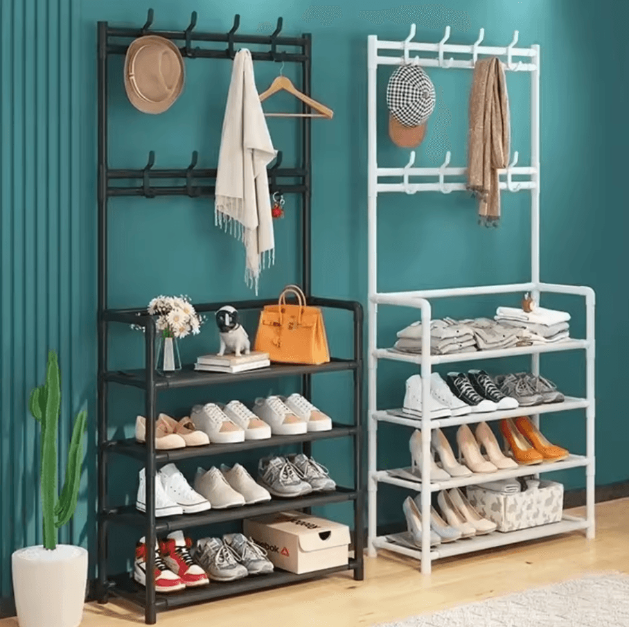 Multi Layer Clothes & Shoe Rack | Floor Standing Organizer With DIY Doorway Hanger Shelf 2pc 5 L white B