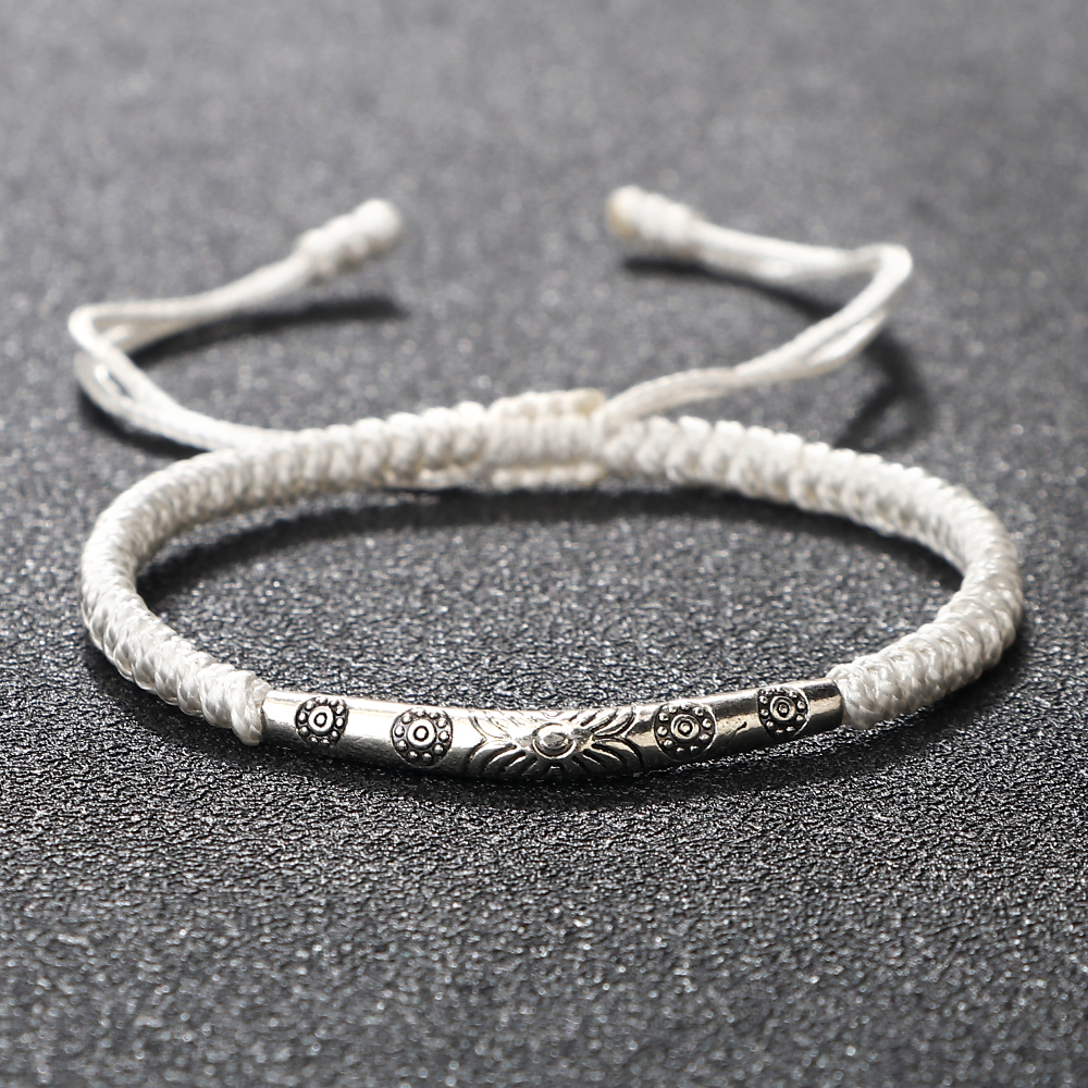 Handmade Woven Lucky Rope Chain Bangle Bohemia Long Tube Carved Flower Pendant Bracelet Jewelry Gift multicolor