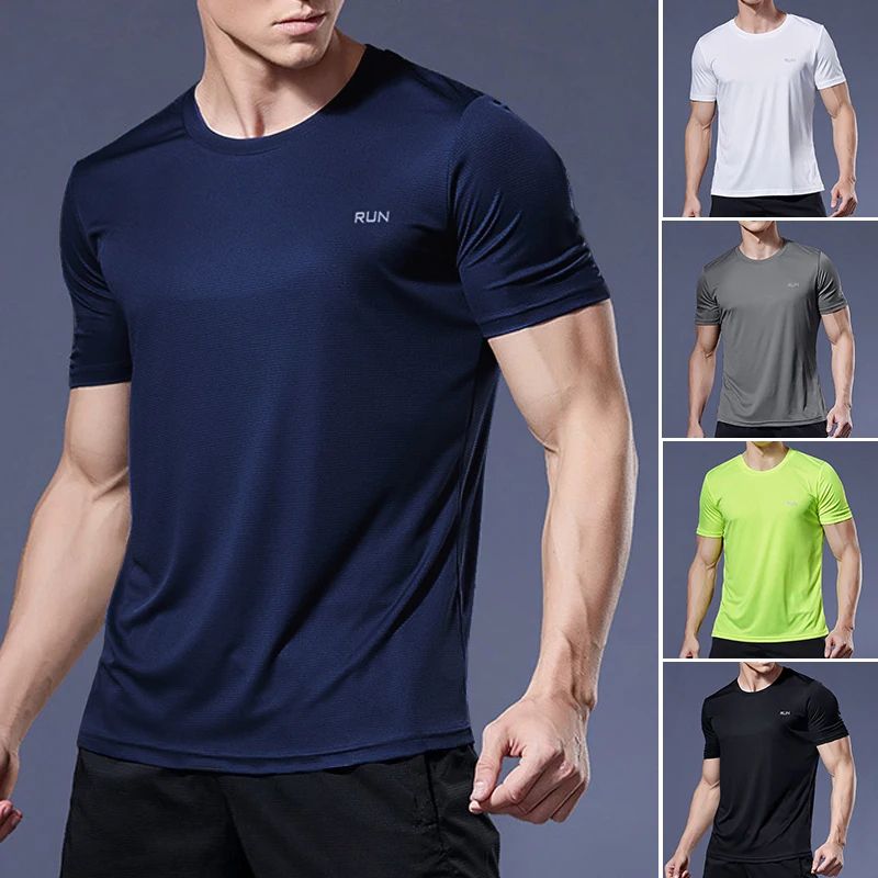 Mens Quick Dry Compression Sports T Shirt Running & Soccer Jersey, Breathable Gym Fitness Top For Training blue l