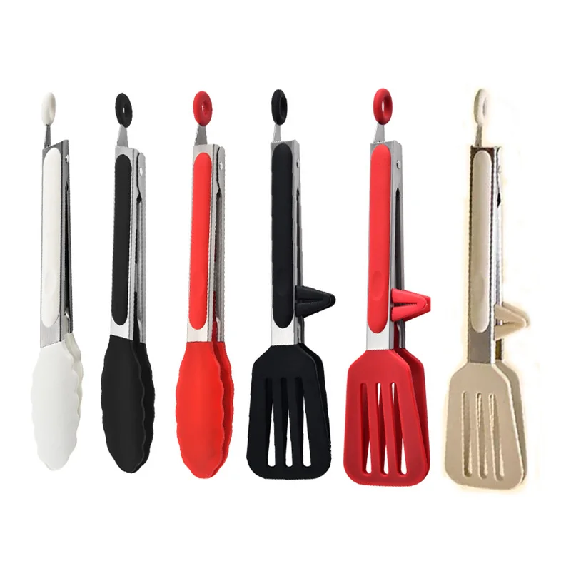 Stainless Steel Food Tongs, Non Stick Silicone Cooking Clips, Barbecue Salad Bread Tools, Kitchen Accessories a beige