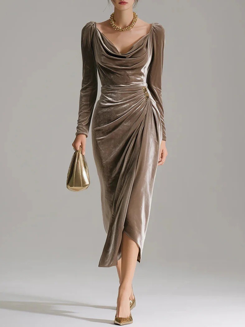 Casual Gold Velvet Sexy Bodycon Dress, European And American Womens Long Sleeve Slim Pleated Split Style green xl