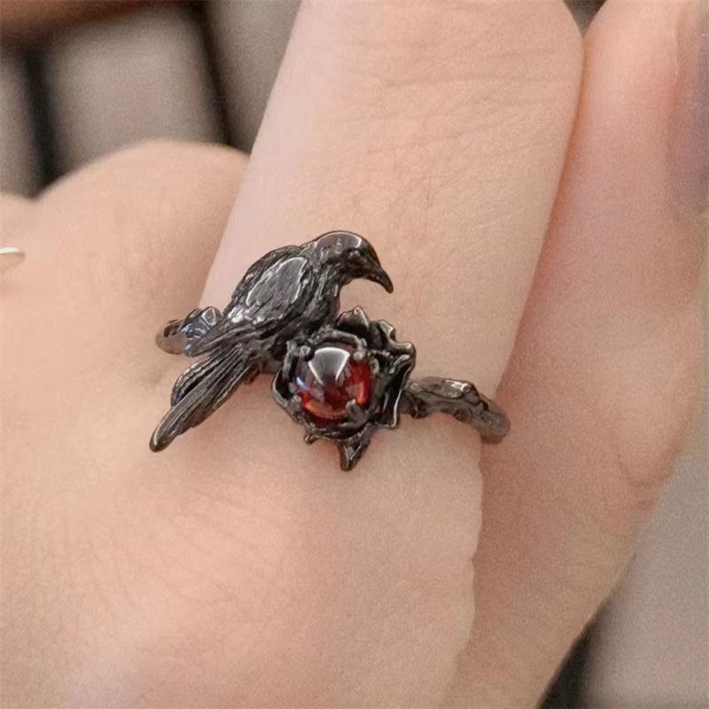 Halloween Dark Style Black Thorn Crow Adjustable Ring perching