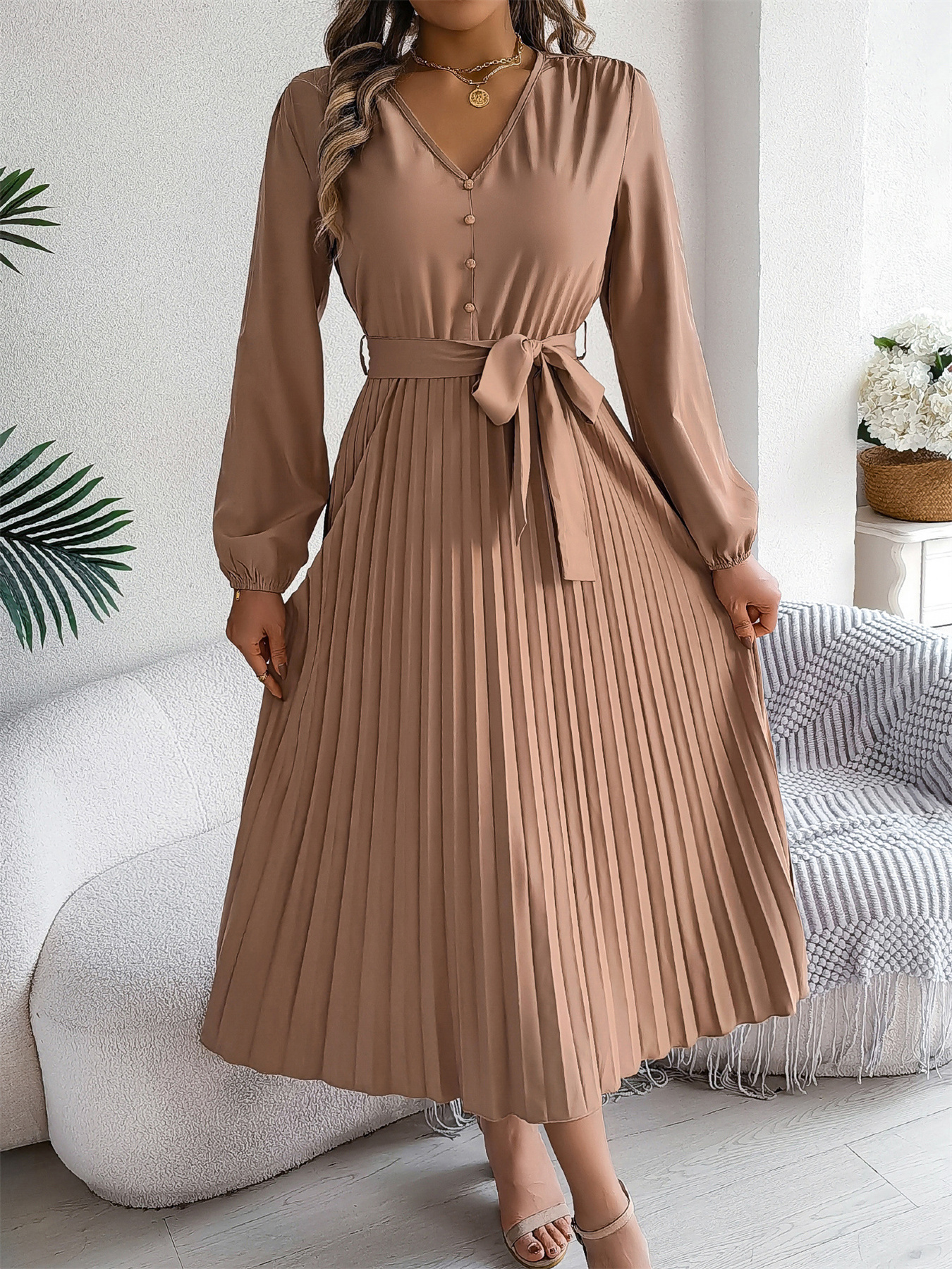 Elegant Women's Autumn Winter V neck Buttoned Lace up Pleated Long Skirt Dress black xl